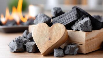 Wooden heart in a box with charcoal and fire photo