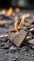 A heart shaped piece of wood is burning on the ground photo