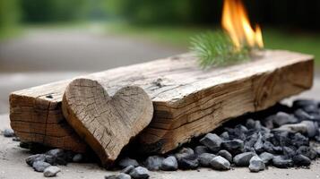 A heart shaped log with a fire burning on it photo