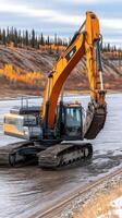 A large excavator is digging into the ground photo