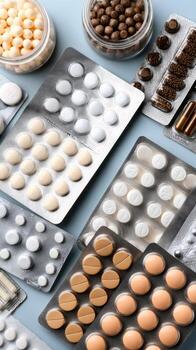 A variety of pills and tablets are arranged in a tray photo