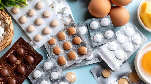Various types of food and pills on a table photo