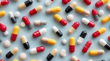 Many different types of pills and capsules are arranged in a pattern photo