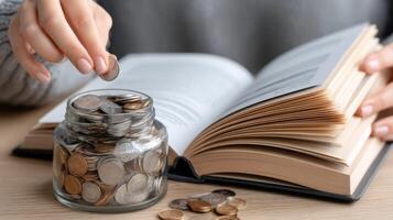 Woman's hand putting coins into jar with open book photo