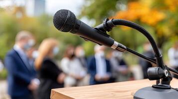 Microphone on podium in front of a group of people photo