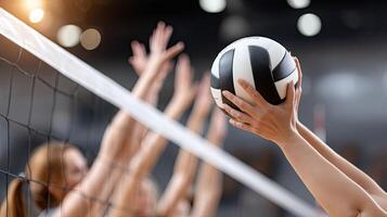 Women's volleyball team playing in the background photo