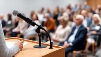 A woman is giving a speech in front of a crowd photo