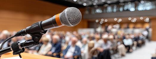Microphone in front of a large audience at a conference photo