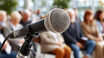 Microphone in front of a group of people in a meeting photo