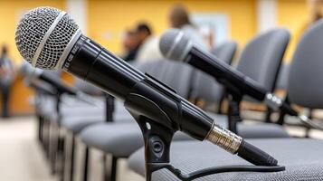 Microphones on a row of chairs in a conference room photo