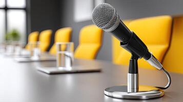 A microphone is sitting on a table in front of a conference room photo