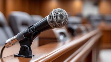 A microphone is sitting on a wooden table in a courtroom photo