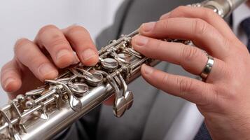 A person in a suit is playing a clarinet photo