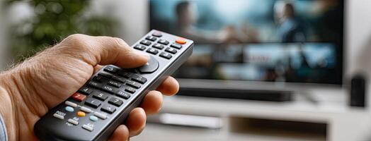 A person holding a remote control in front of a television photo
