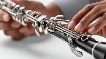 A person is playing a clarinet with their hands photo