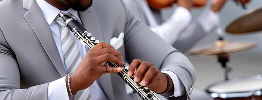 A man in a suit is playing the clarinet photo