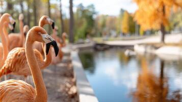 A group of flamingos standing next to a pond photo