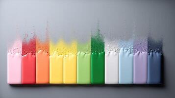 A rainbow colored bar of soap is being poured into a glass photo