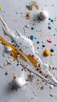 A white surface with paint splatters and eggs photo