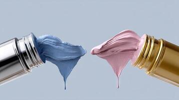 Two bottles of blue and pink paint are shown photo