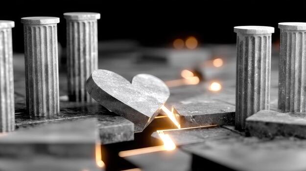 A heart is broken into pieces and surrounded by columns photo