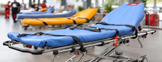 A hospital emergency medical cart with a blue seat photo