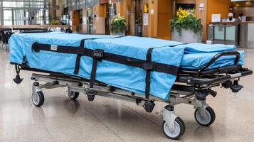 A blue stretcher with wheels and a blue cover photo
