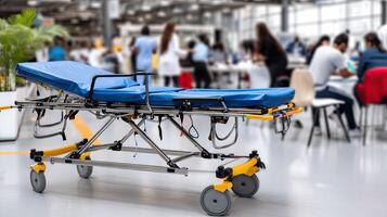 A hospital emergency cart is seen in a large room photo