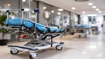 A hospital emergency cart is seen in a hallway photo