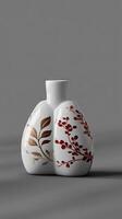A white vase with red and gold designs photo