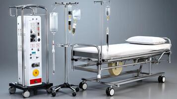 A hospital bed with iv bags and a drip photo