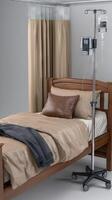 A hospital bed with a drip stand and a curtain photo