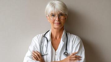 A woman in a doctor's coat and glasses photo