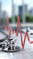 A stethoscope and heartbeat line on a table photo