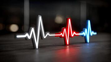 A red and blue heartbeat line on a wooden table photo