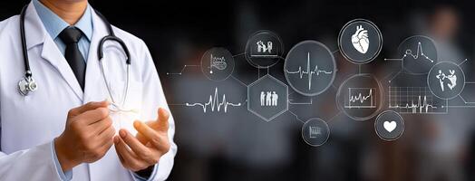A doctor is holding a medical device with icons photo