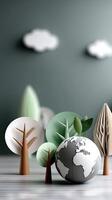 Paper cut out of a globe, trees and clouds photo