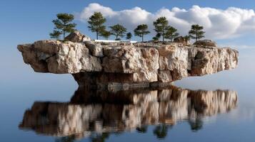 A rock floating in the water with trees on it photo