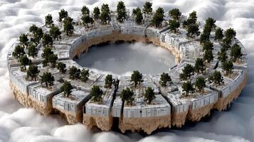 A circular structure made of concrete surrounded by trees photo