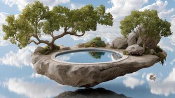 A floating island with a pool and trees photo