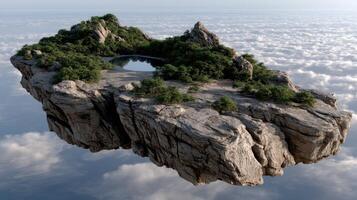 An island floating in the sky with trees and water photo