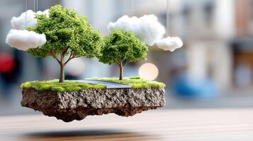 A small tree is sitting on top of a rock photo