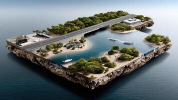 An island with a bridge and a road photo