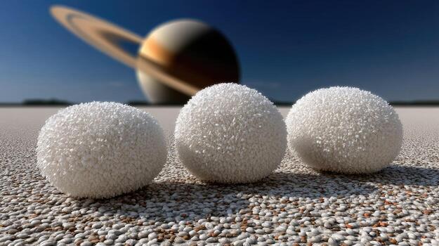 Three white eggs with saturn in the background photo