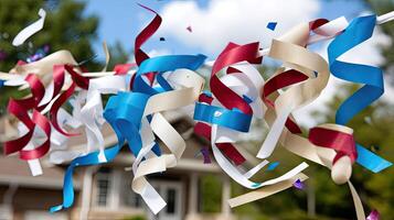 A group of colorful streamers hanging from a string photo