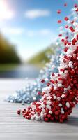 Red, white and blue pills falling down on a table photo