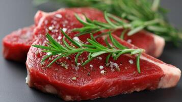 Raw meat with rosemary sprigs on black background photo