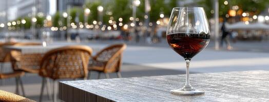 A glass of wine on a table in front of a city photo
