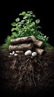 A pile of logs and plants with eggs photo