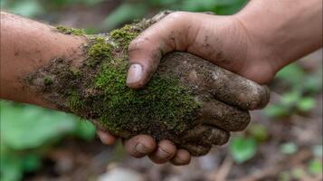 Two hands holding each other with a green mossy substance on the hands photo